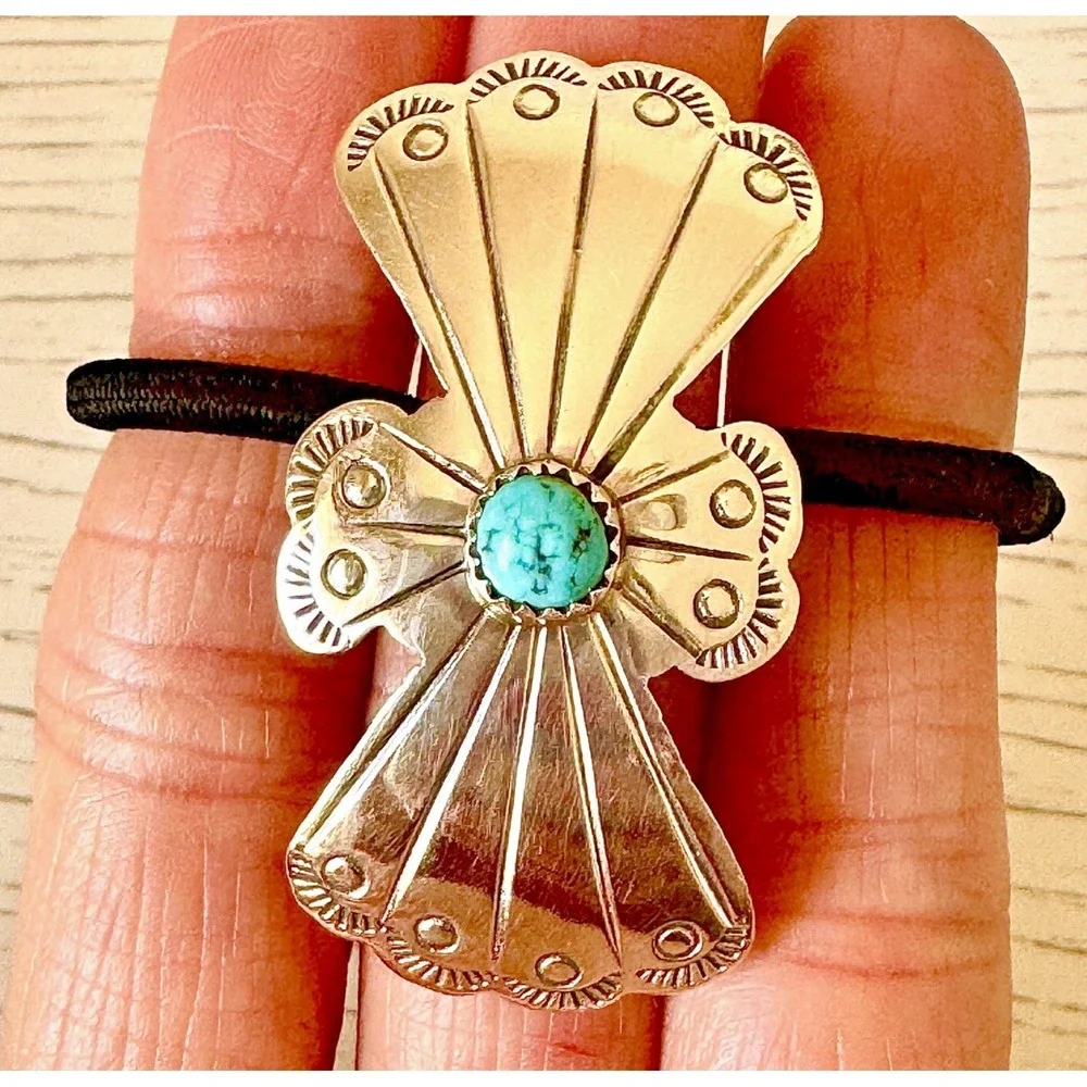 Turquoise Navajo Hair Tie 1.75in Ponytail Hand Stamped Sterling Ornament‎ Concho